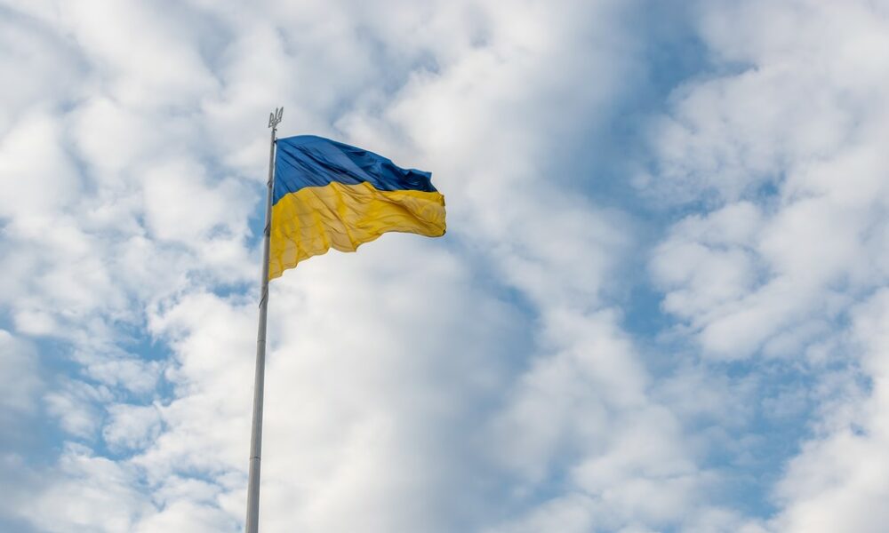 ukrainian flag waving wind against sky