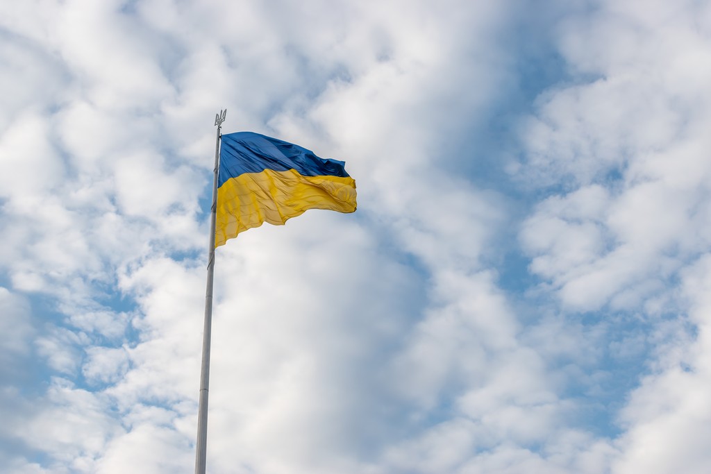 ukrainian flag waving wind against sky