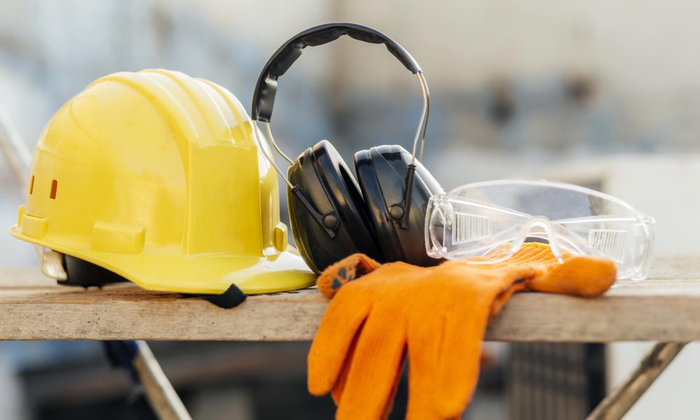 front view protective glasses with hard hat headphones