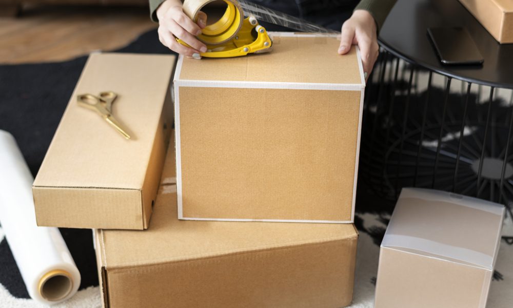 small business owner packing product parcel boxes delivery